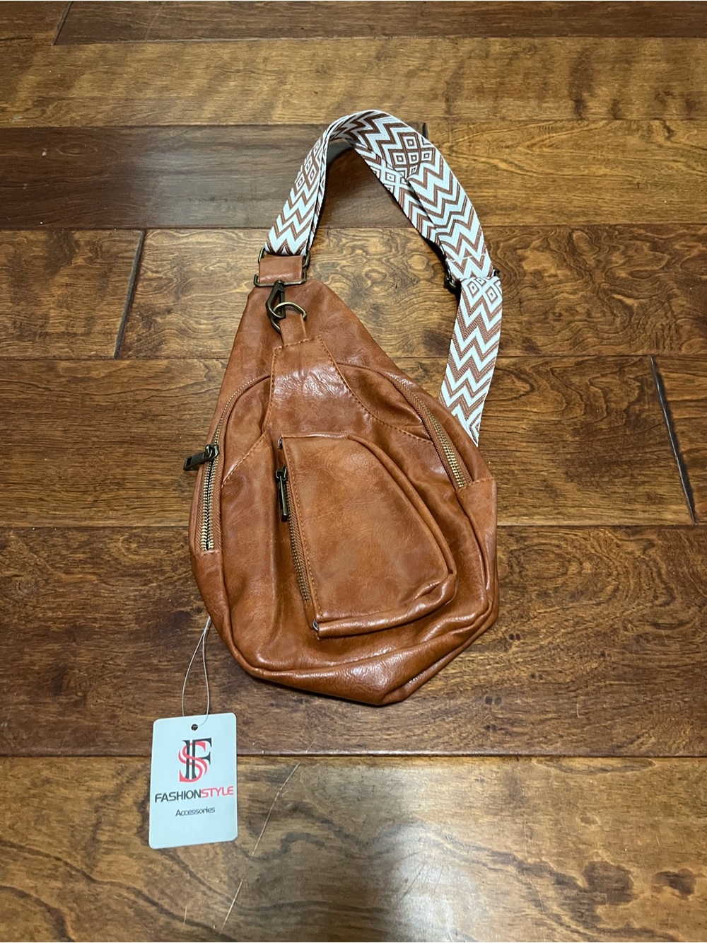 Tan Crossbody Sling Bag with Patterned Adjustable Strap